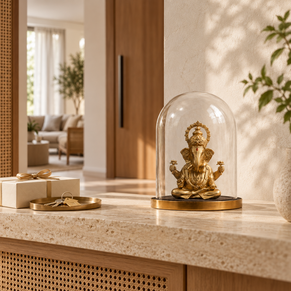 Shakti Ganapati Ganesha idol by ANOKA styled as a housewarming gift in a modern Indian home