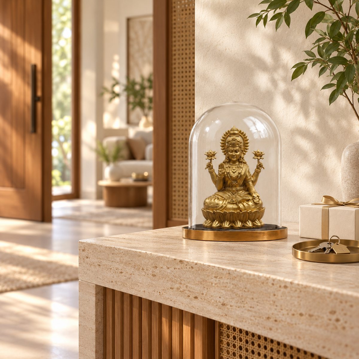Shri Mahalakshmi idol by ANOKA styled as a housewarming gift in a modern Indian home