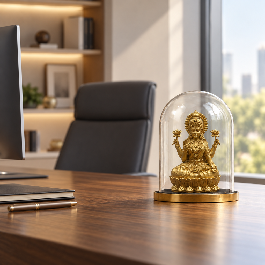 Shri Mahalakshmi idol by ANOKA on a contemporary office desk