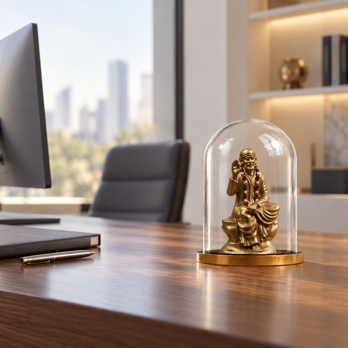 Shri Sai Baba idol by ANOKA on a contemporary office desk