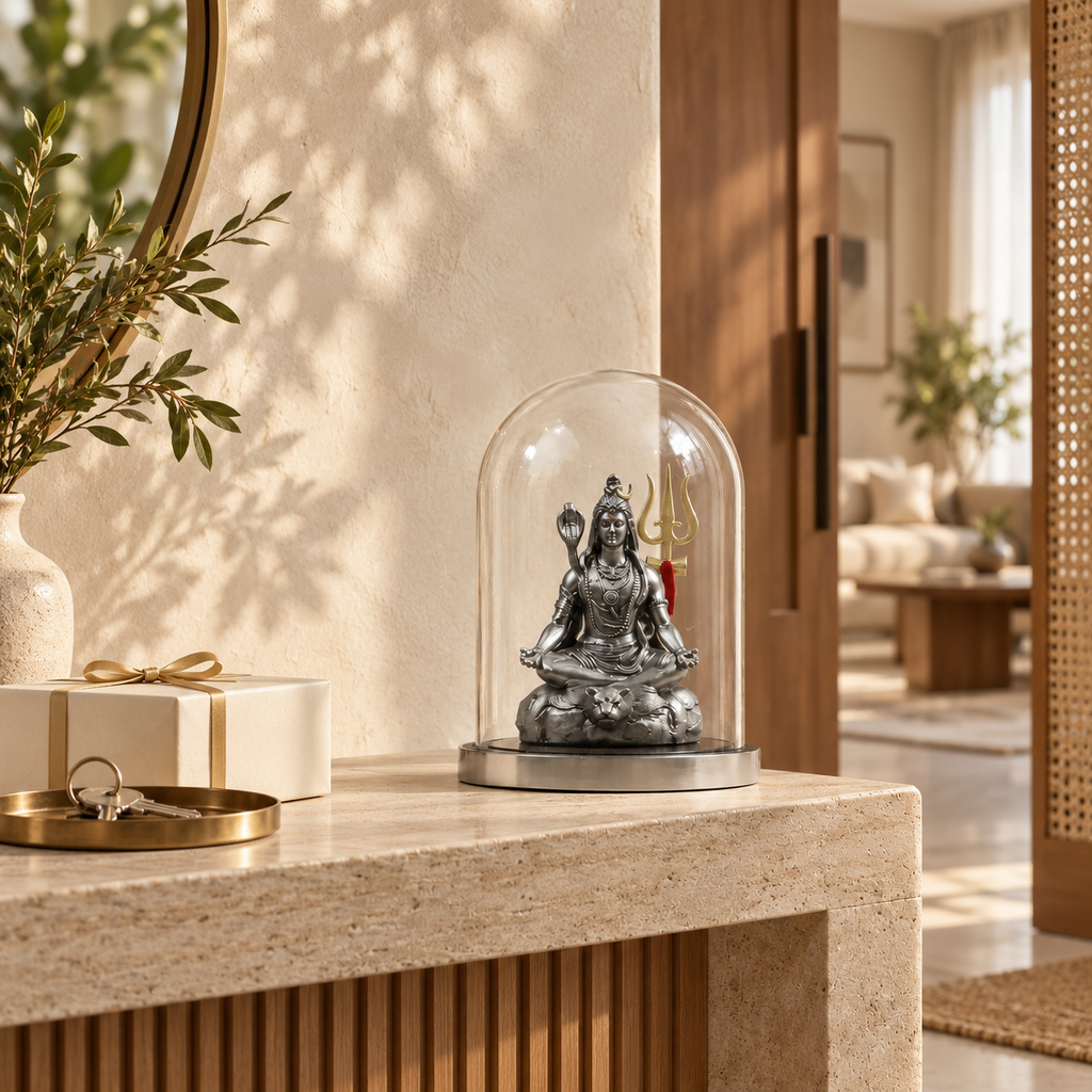 Tapasvi Mahadev Shiva idol by ANOKA styled as a housewarming gift in a modern Indian home