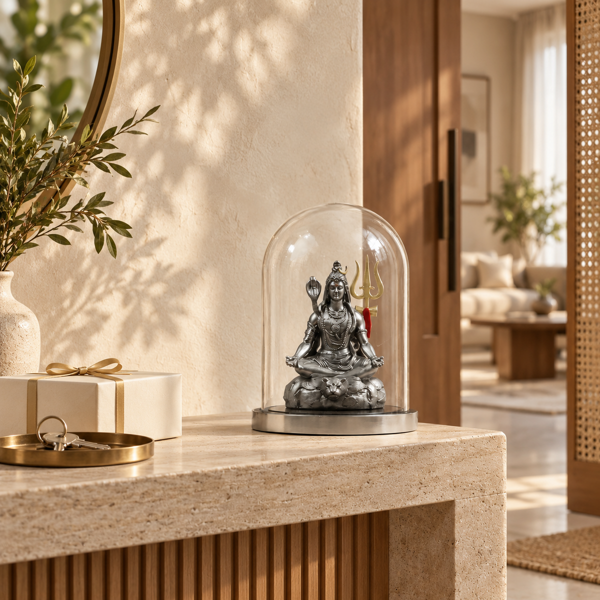Tapasvi Mahadev Shiva idol by ANOKA styled as a housewarming gift in a modern Indian home