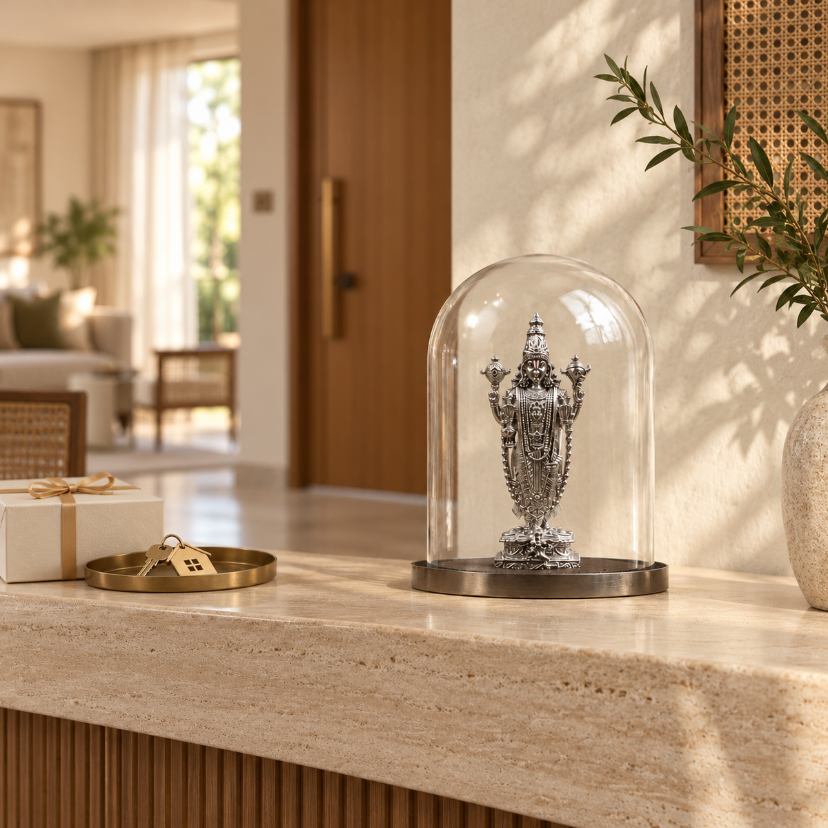 Tirupati Balaji Venkateswara idol by ANOKA styled as a housewarming gift in a modern Indian home